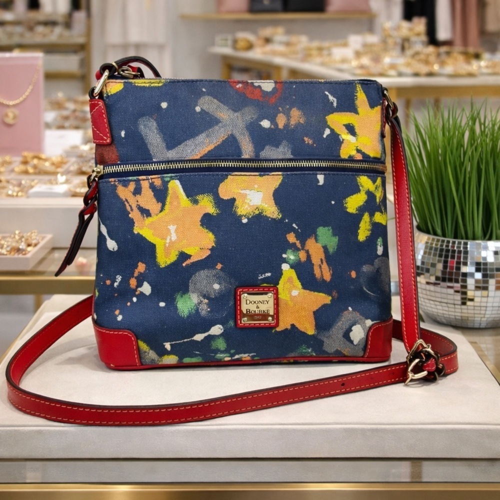 Dooney & Bourke Y2K Rare Graffiti Denim Navy Red Fabric Crossbody Shoulder Bag